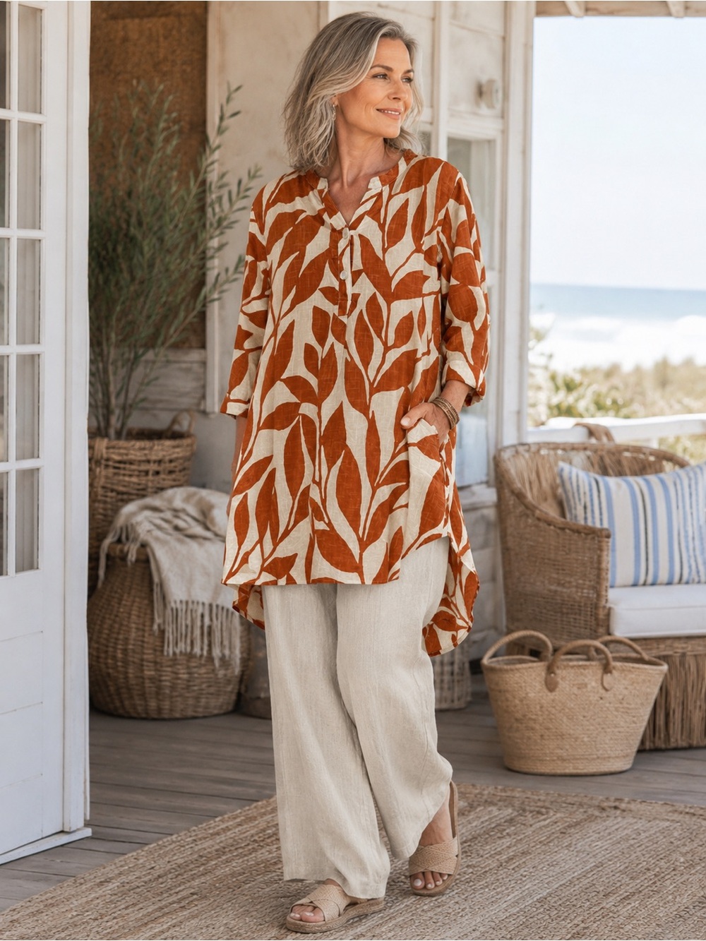 Dolma Cotton Leaf Print Tunic Dress Boho Coastal Lagenlook Medium natural fiber